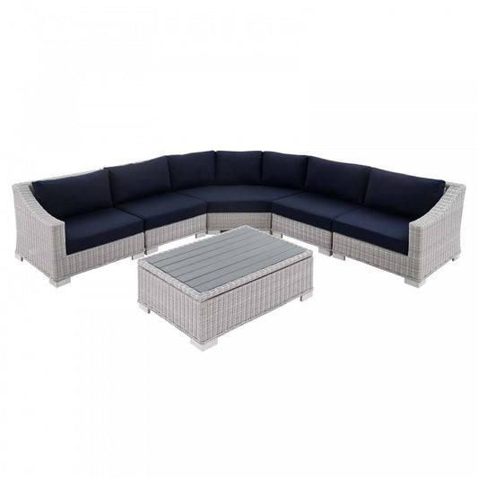 Conway Sunbrella Outdoor Patio Wicker Rattan 6-Piece Sectional Sofa Set, Light Gray Navy