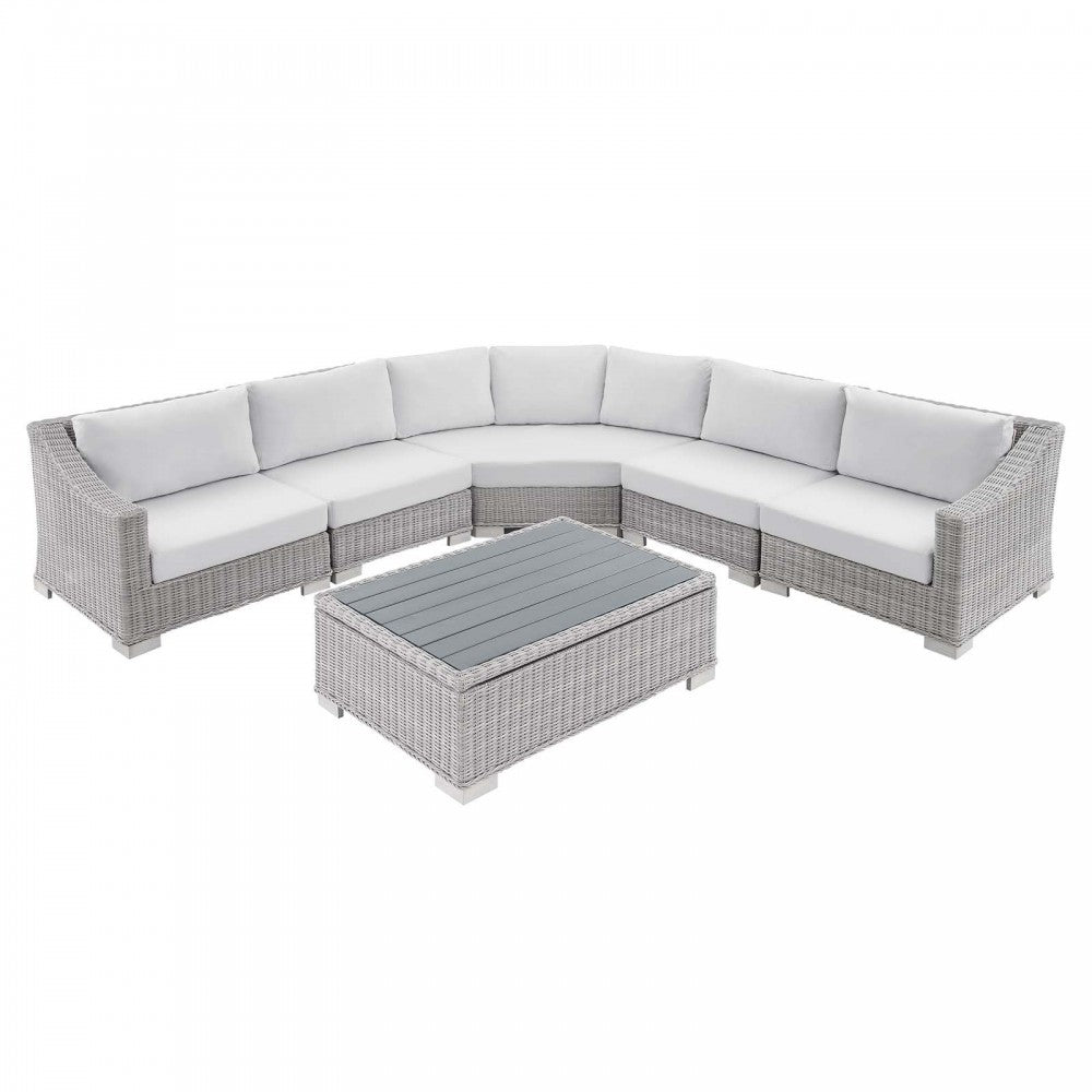 Conway Sunbrella Outdoor Patio Wicker Rattan 6-Piece Sectional Sofa Set, Light Gray White