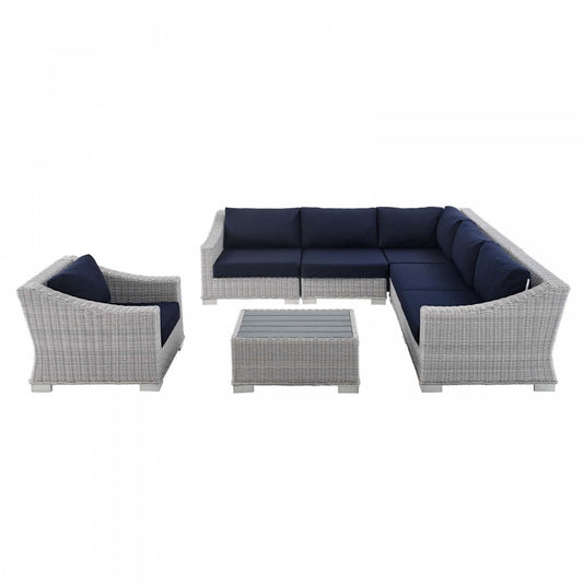 Conway Sunbrella Outdoor Patio Wicker Rattan 7-Piece Sectional Sofa Set, Light Gray Navy