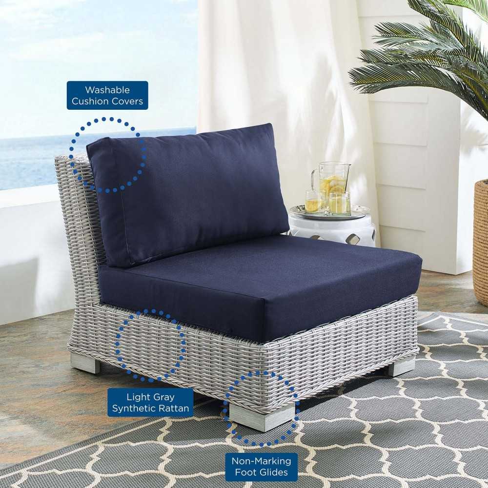 Conway Sunbrella Outdoor Patio Wicker Rattan Armless Chair, Light Gray Navy