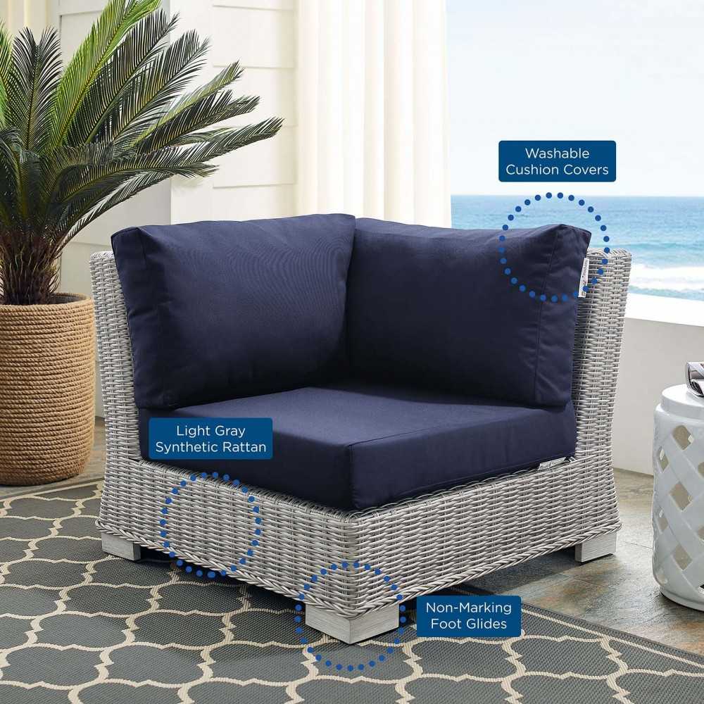 Conway Sunbrella Outdoor Patio Wicker Rattan Corner Chair, Light Gray Navy