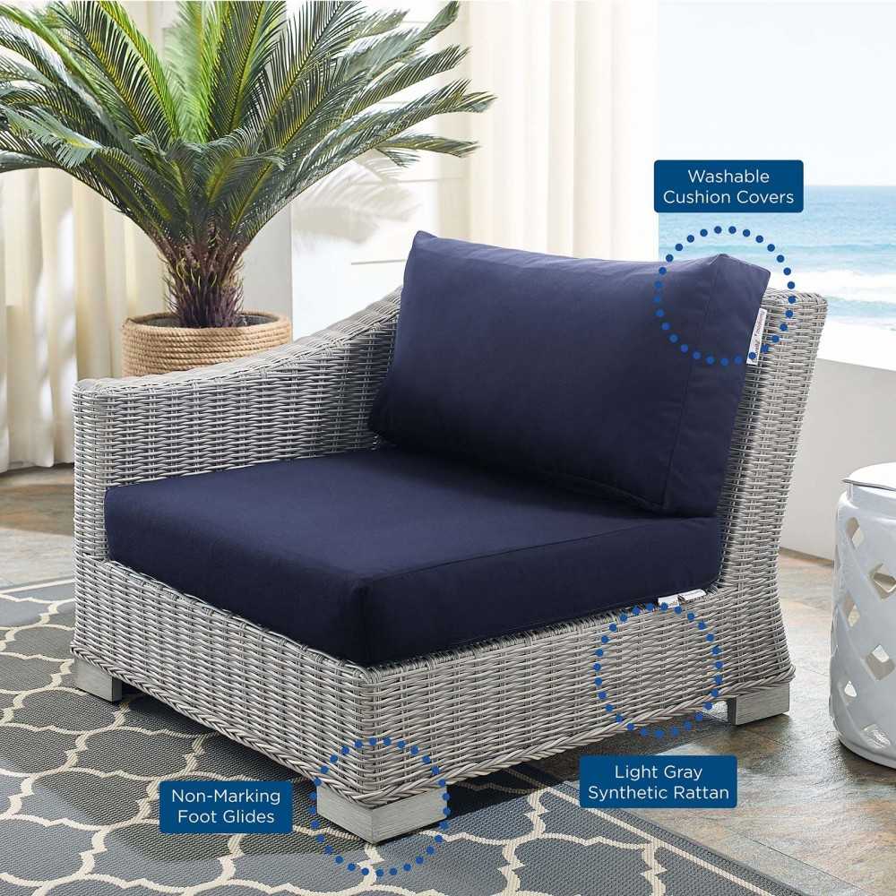 Conway Sunbrella Outdoor Patio Wicker Rattan Left-Arm Chair, Light Gray Navy