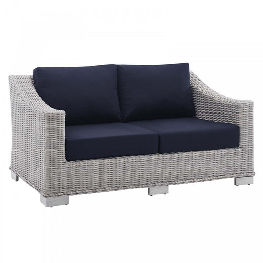 Conway Sunbrella Outdoor Patio Wicker Rattan Loveseat, Light Gray Navy