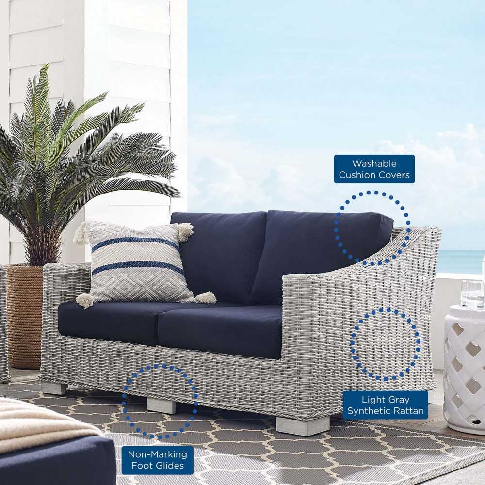 Conway Sunbrella Outdoor Patio Wicker Rattan Loveseat, Light Gray Navy