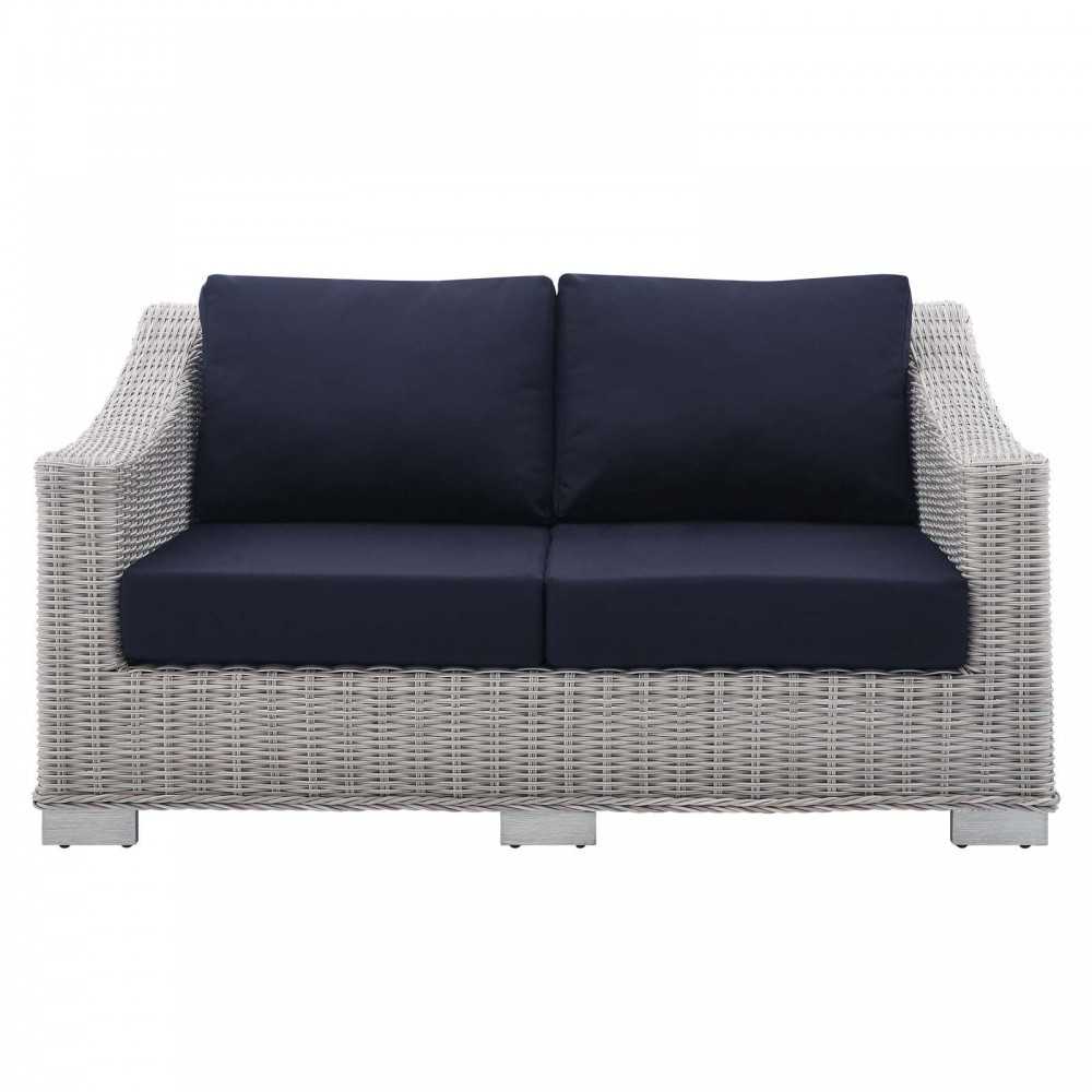 Conway Sunbrella Outdoor Patio Wicker Rattan Loveseat, Light Gray Navy