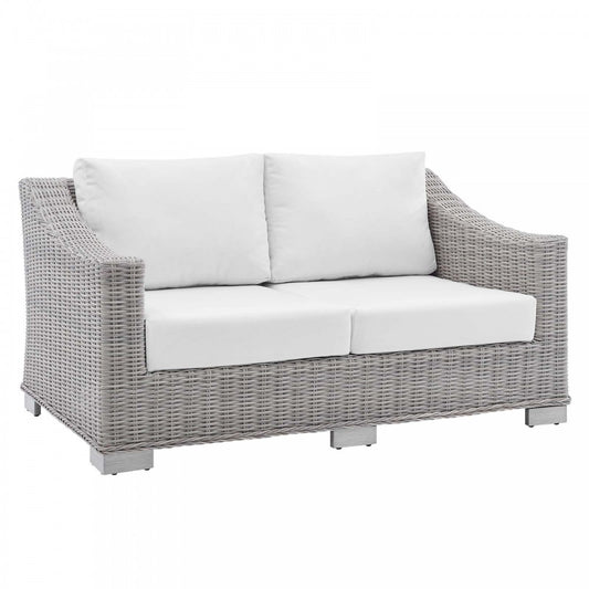 Conway Sunbrella Outdoor Patio Wicker Rattan Loveseat, Light Gray White