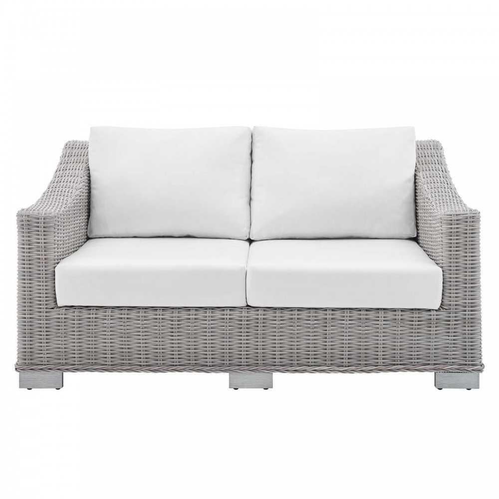 Conway Sunbrella Outdoor Patio Wicker Rattan Loveseat, Light Gray White