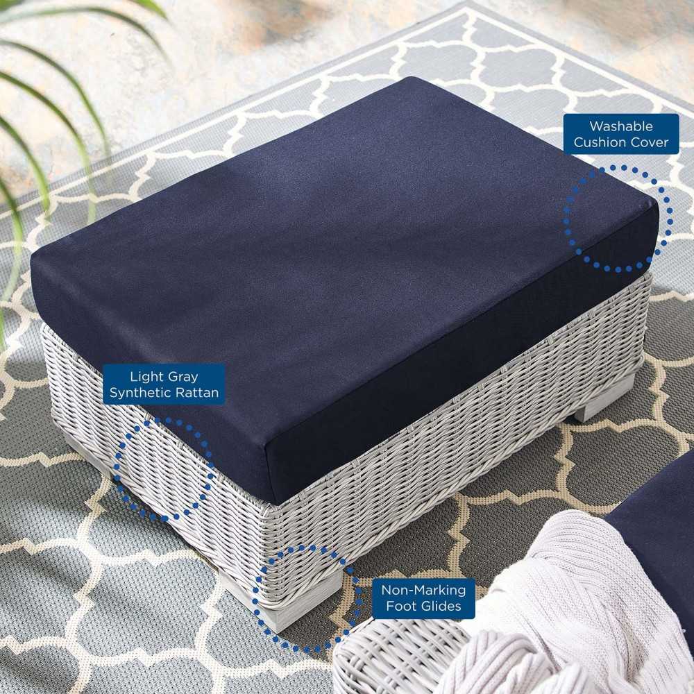 Conway Sunbrella Outdoor Patio Wicker Rattan Ottoman, Light Gray Navy