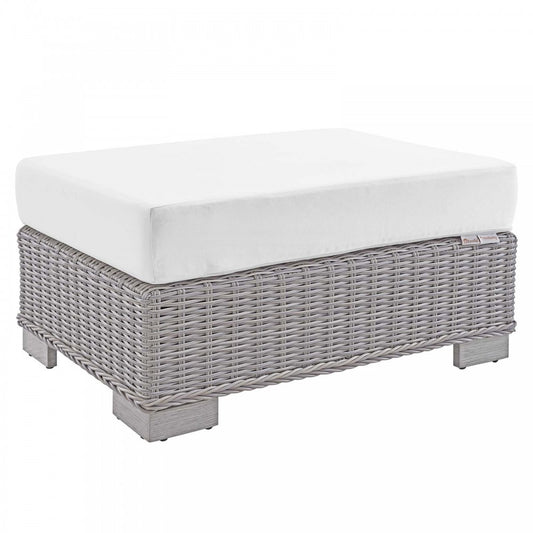 Conway Sunbrella Outdoor Patio Wicker Rattan Ottoman, Light Gray White