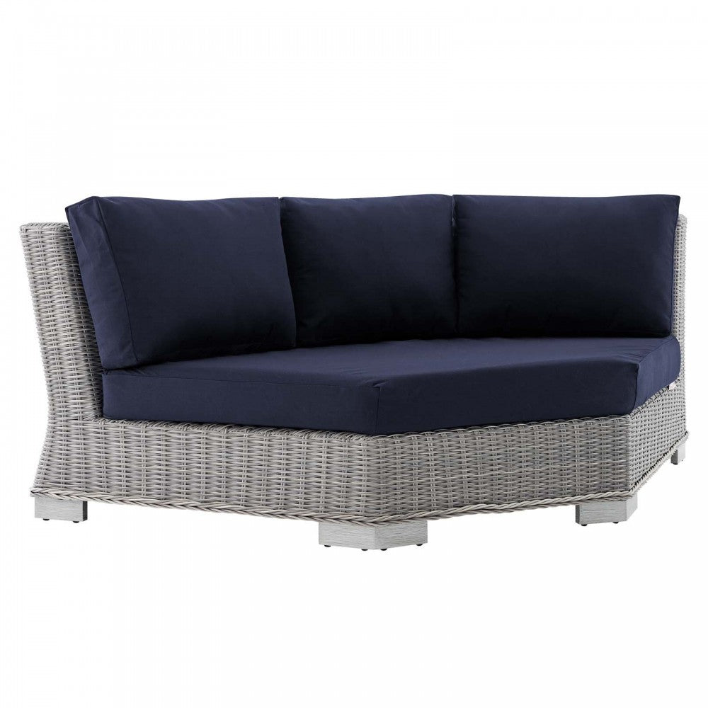 Conway Sunbrella Outdoor Patio Wicker Rattan Round Corner Chair, Light Gray Navy