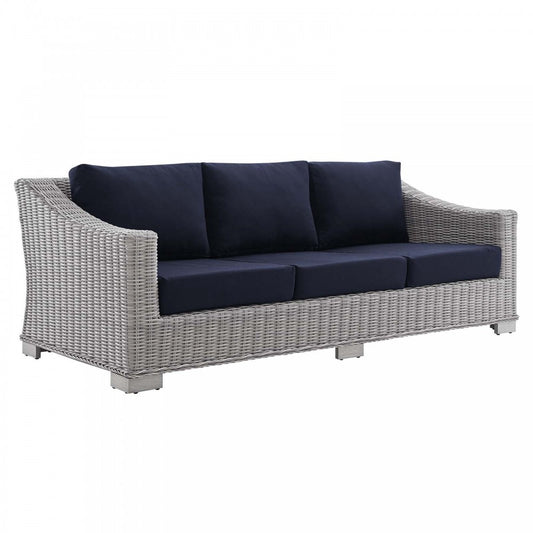Conway Sunbrella Outdoor Patio Wicker Rattan Sofa, Light Gray Navy
