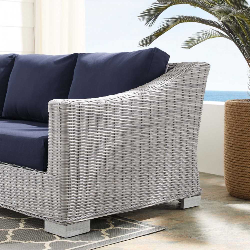 Conway Sunbrella Outdoor Patio Wicker Rattan Sofa, Light Gray Navy