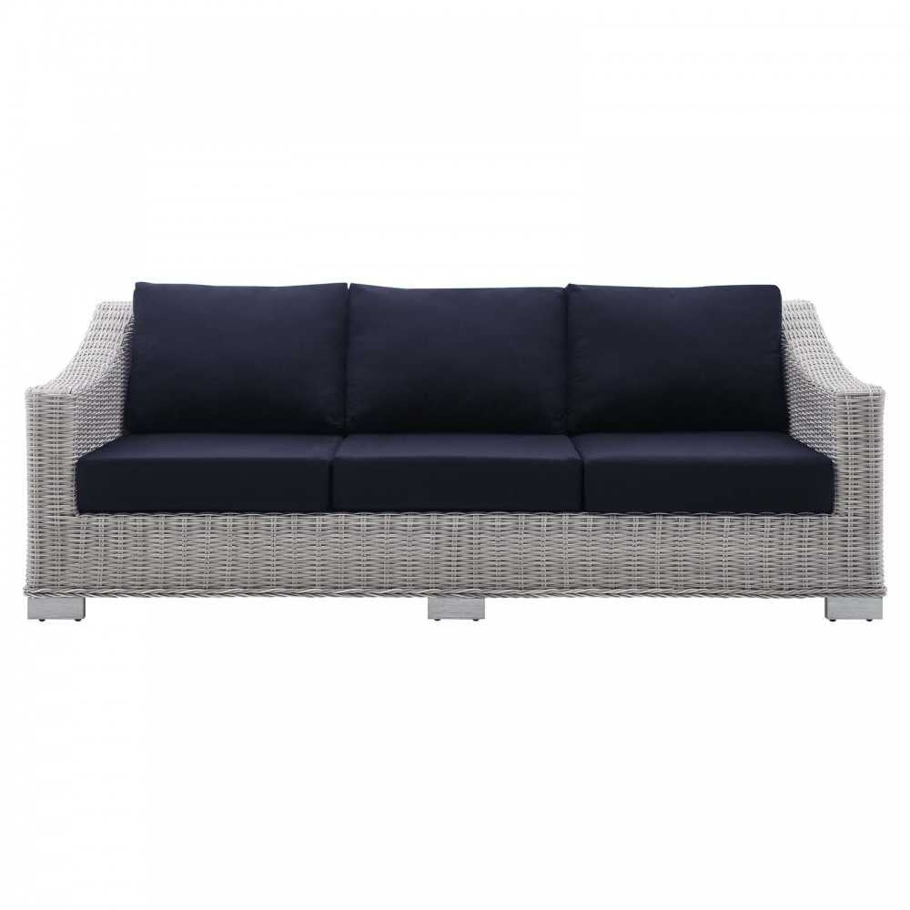 Conway Sunbrella Outdoor Patio Wicker Rattan Sofa, Light Gray Navy