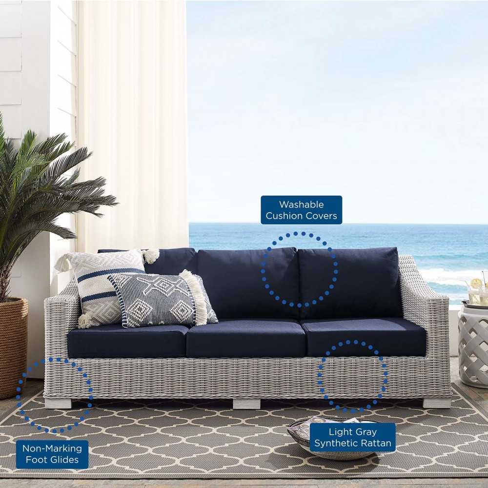 Conway Sunbrella Outdoor Patio Wicker Rattan Sofa, Light Gray Navy