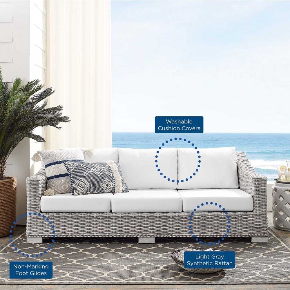 Conway Sunbrella Outdoor Patio Wicker Rattan Sofa, Light Gray White