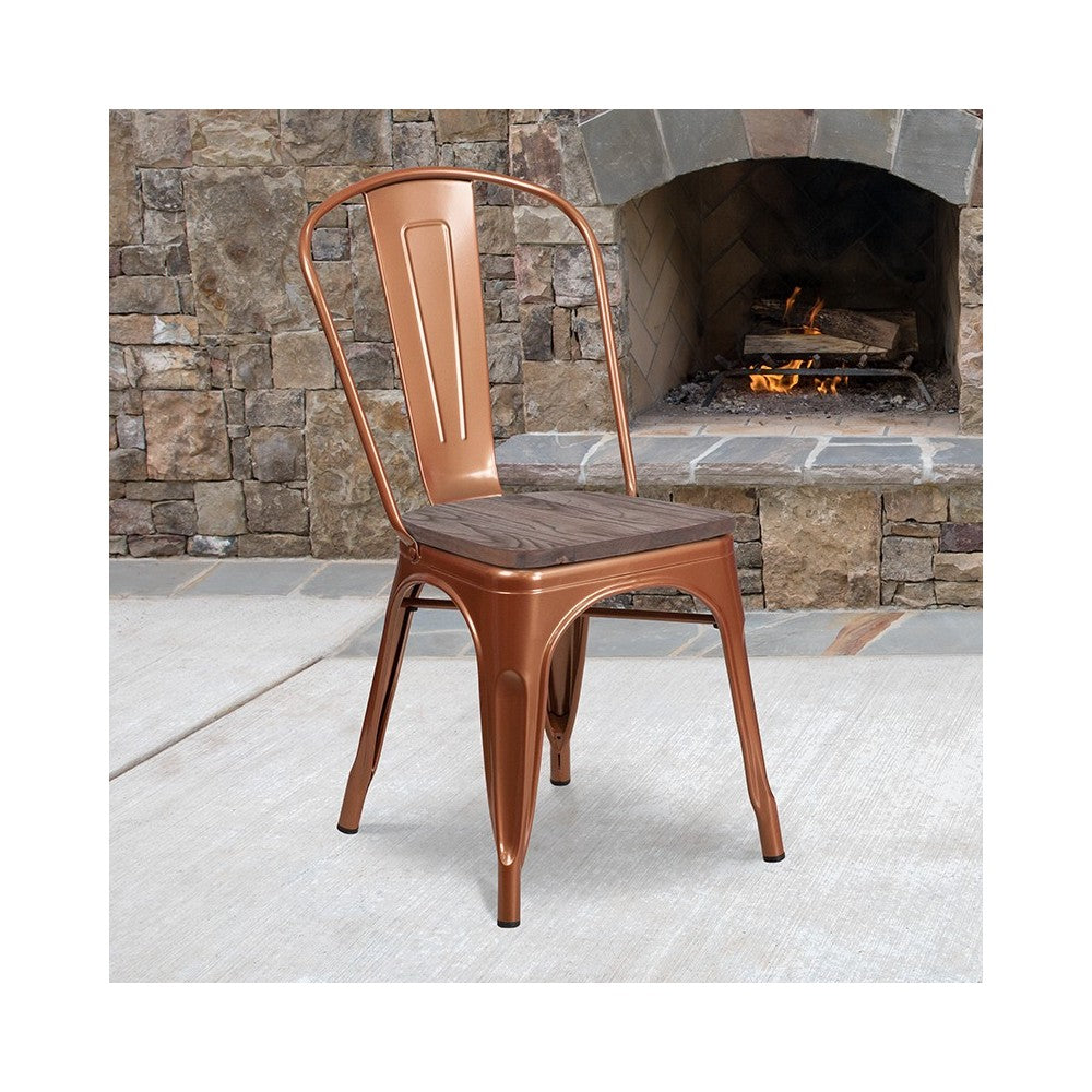 Copper Metal Stackable Chair with Wood Seat