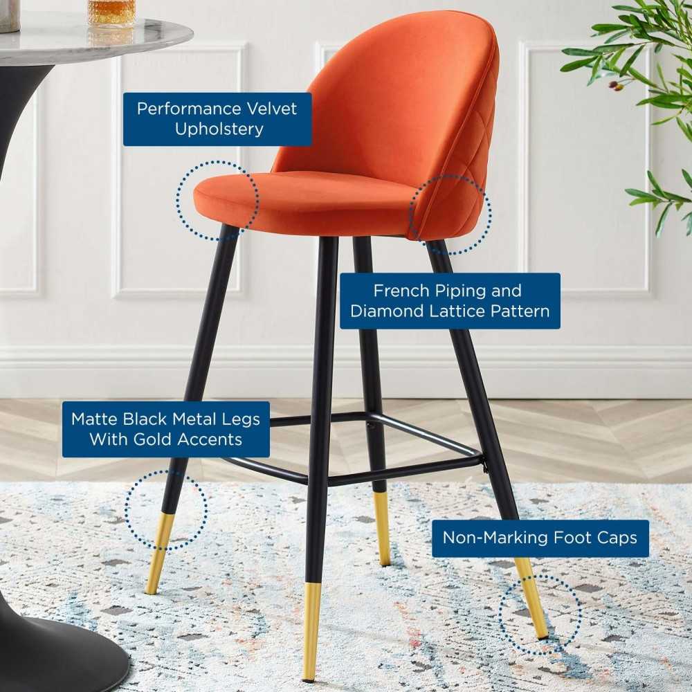 Cordial Performance Velvet Bar Stools - Set of 2, Orange