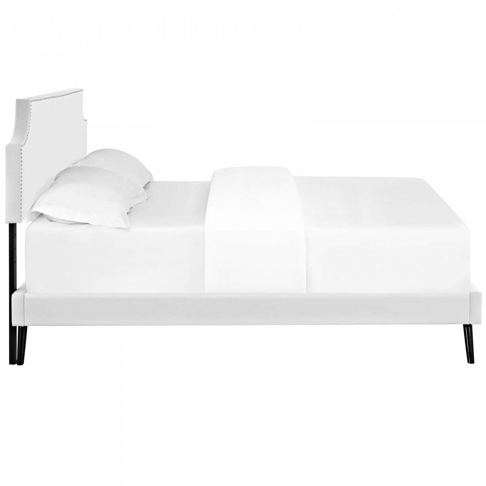 Corene Full Vinyl Platform Bed with Round Splayed Legs, White