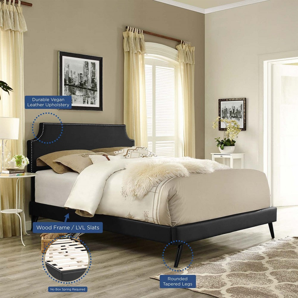 Corene Full Vinyl Platform Bed with Round Splayed Legs, Black