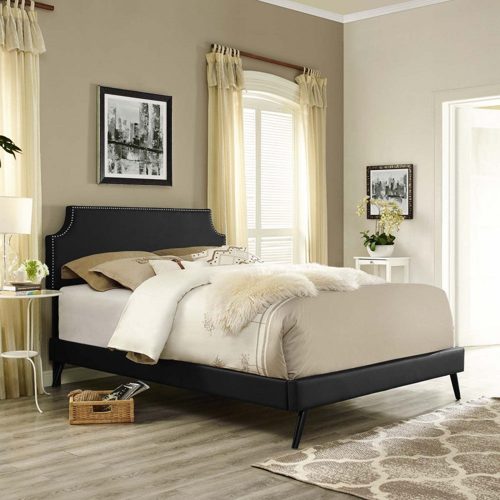 Corene Full Vinyl Platform Bed with Round Splayed Legs, Black