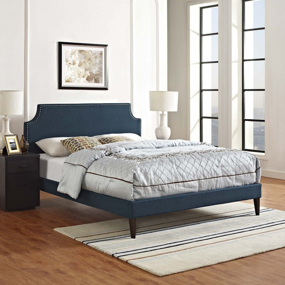 Corene King Fabric Platform Bed with Squared Tapered Legs, Azure