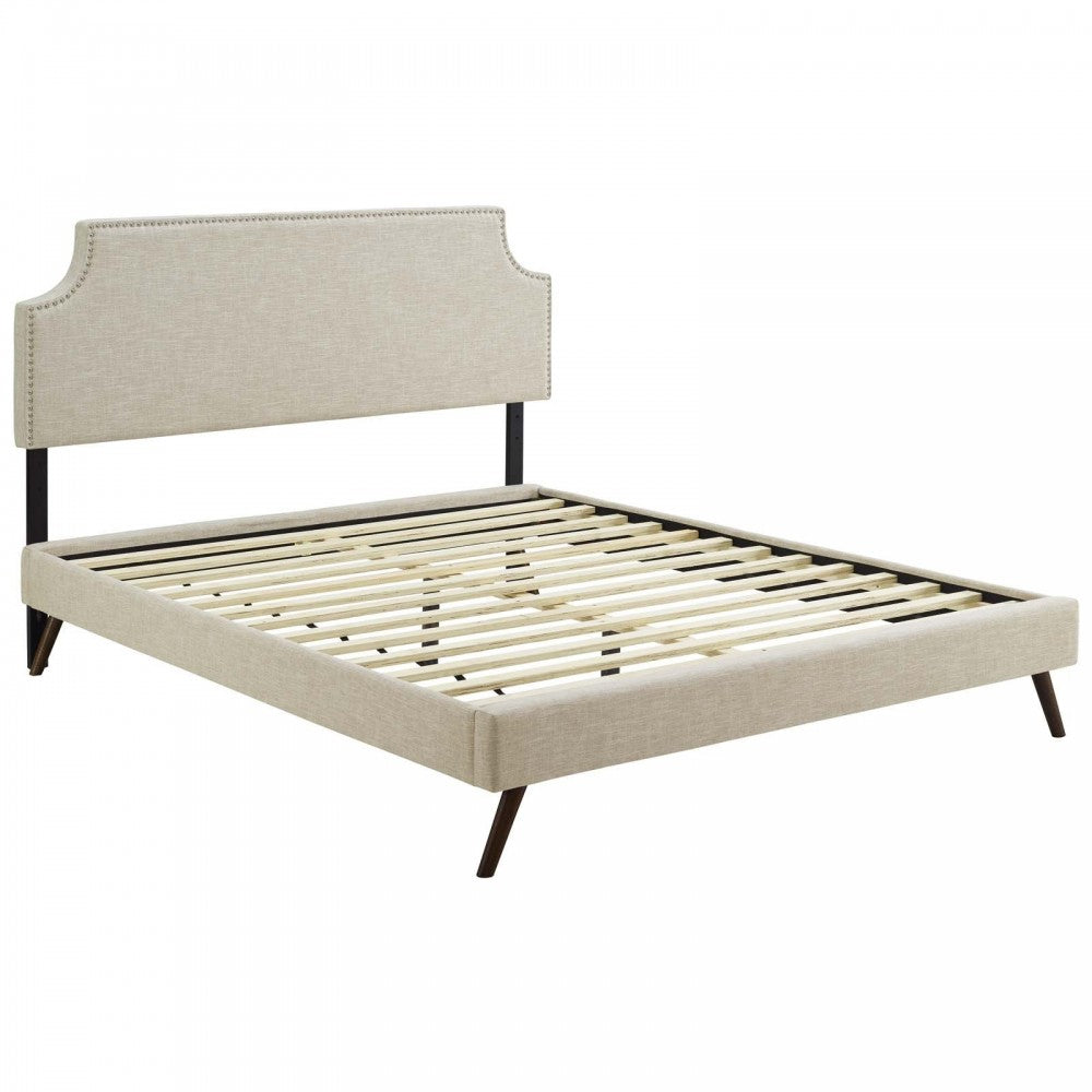 Corene Queen Fabric Platform Bed with Round Splayed Legs, Beige