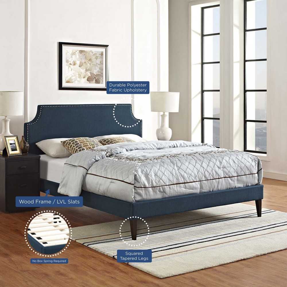Corene Queen Fabric Platform Bed with Squared Tapered Legs, Azure
