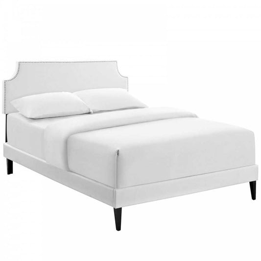 Corene Queen Vinyl Platform Bed with Squared Tapered Legs, White