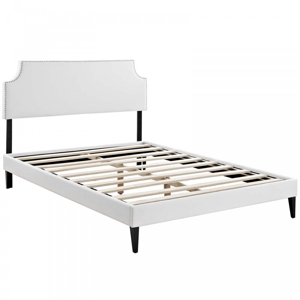 Corene Queen Vinyl Platform Bed with Squared Tapered Legs, White