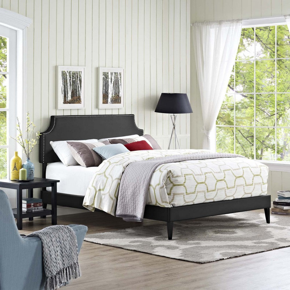 Corene Queen Vinyl Platform Bed with Squared Tapered Legs, Black