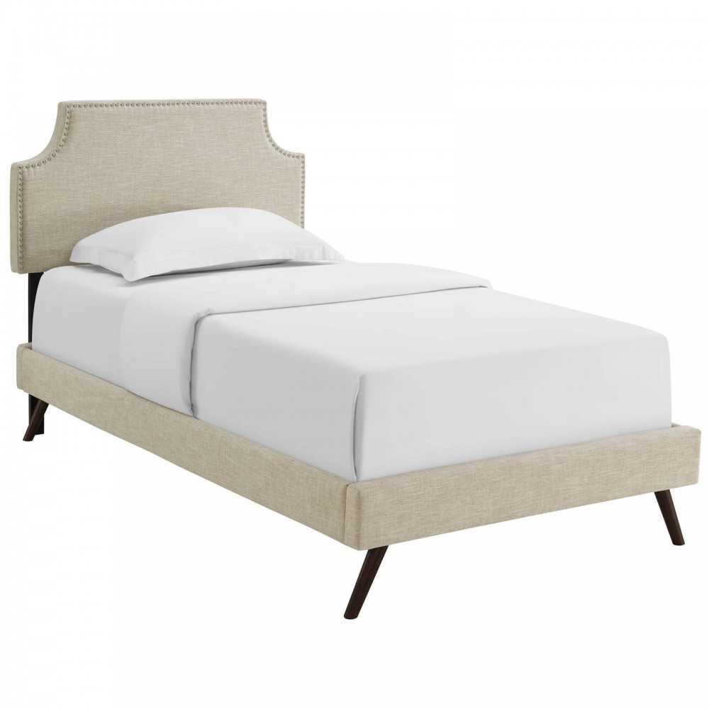 Corene Twin Fabric Platform Bed with Round Splayed Legs, Beige