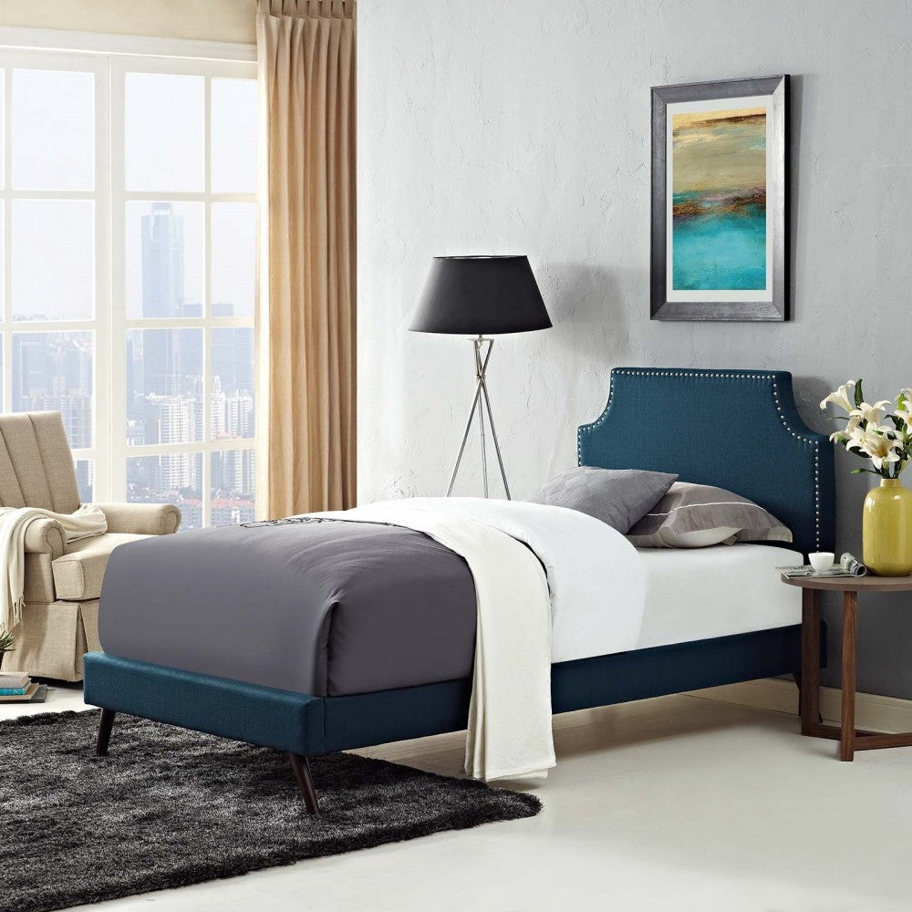 Corene Twin Fabric Platform Bed with Round Splayed Legs, Azure