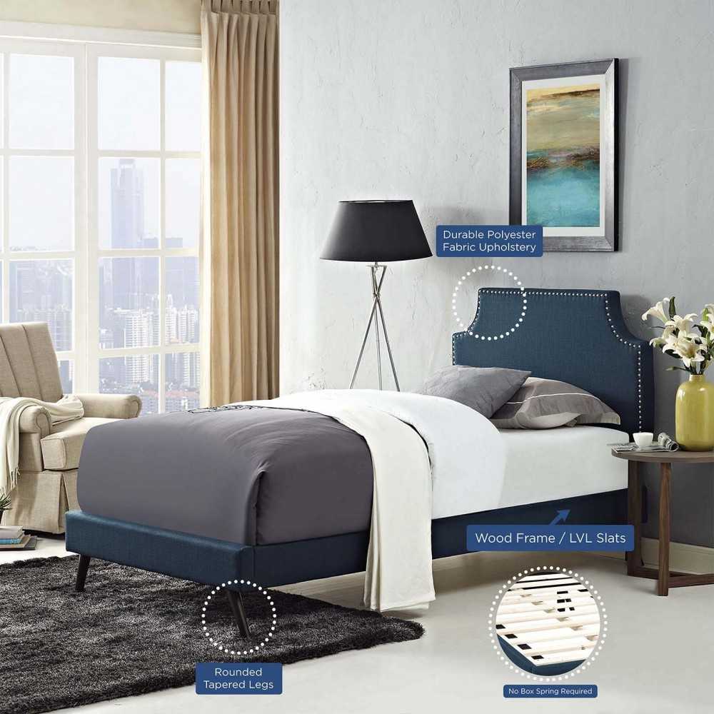 Corene Twin Fabric Platform Bed with Round Splayed Legs, Azure