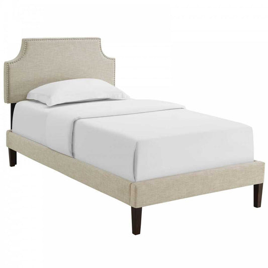 Corene Twin Fabric Platform Bed with Squared Tapered Legs, Beige