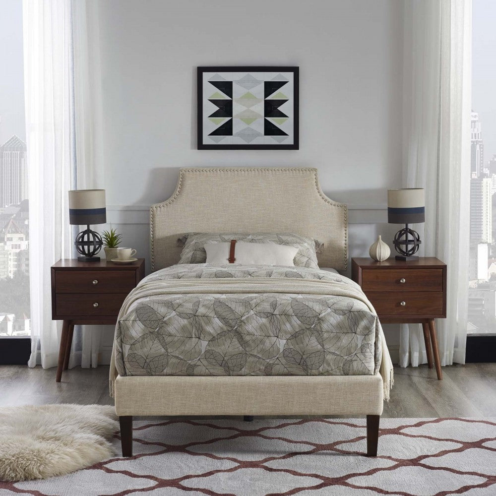 Corene Twin Fabric Platform Bed with Squared Tapered Legs, Beige