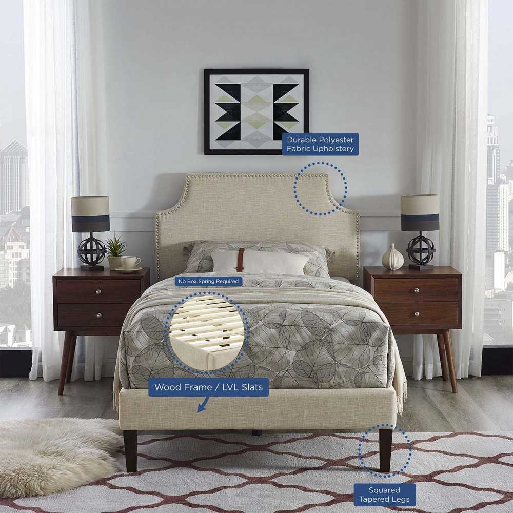 Corene Twin Fabric Platform Bed with Squared Tapered Legs, Beige