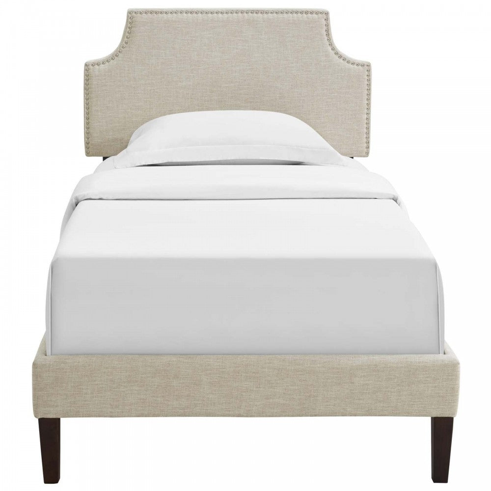 Corene Twin Fabric Platform Bed with Squared Tapered Legs, Beige
