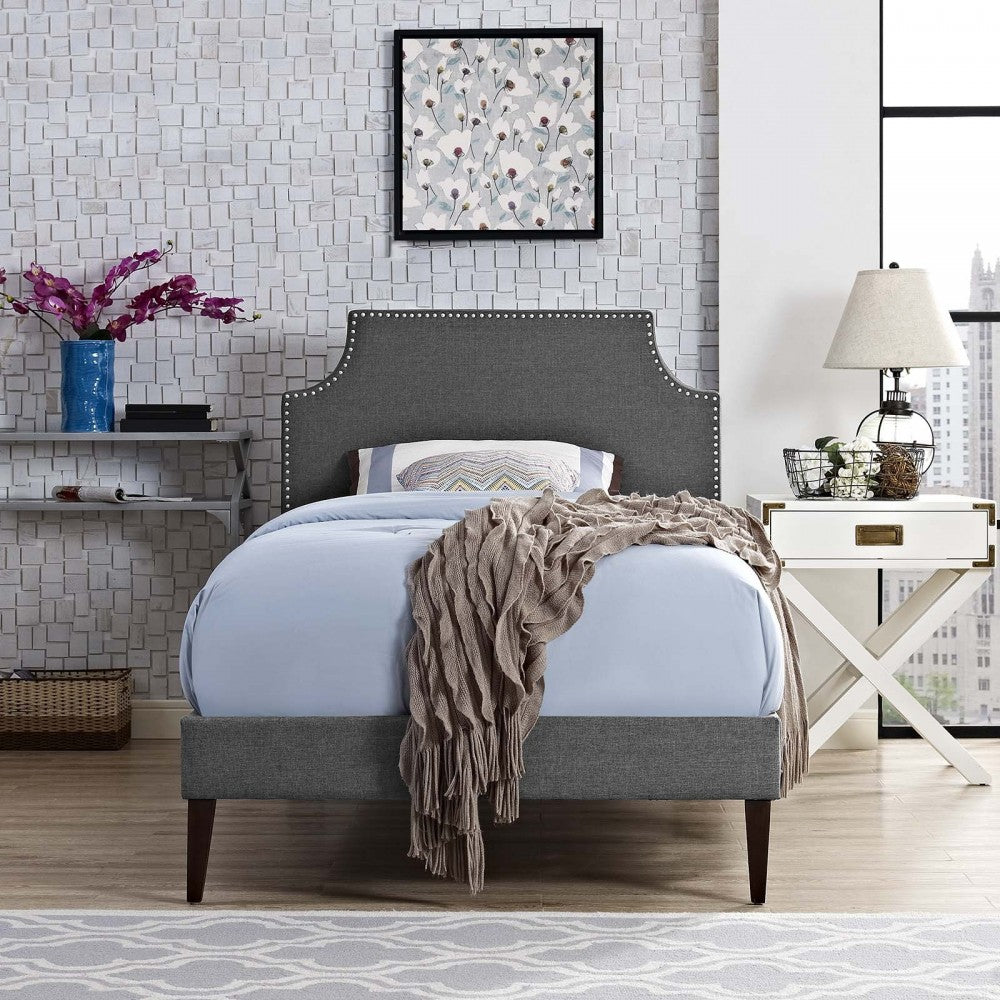 Corene Twin Fabric Platform Bed with Squared Tapered Legs, Gray