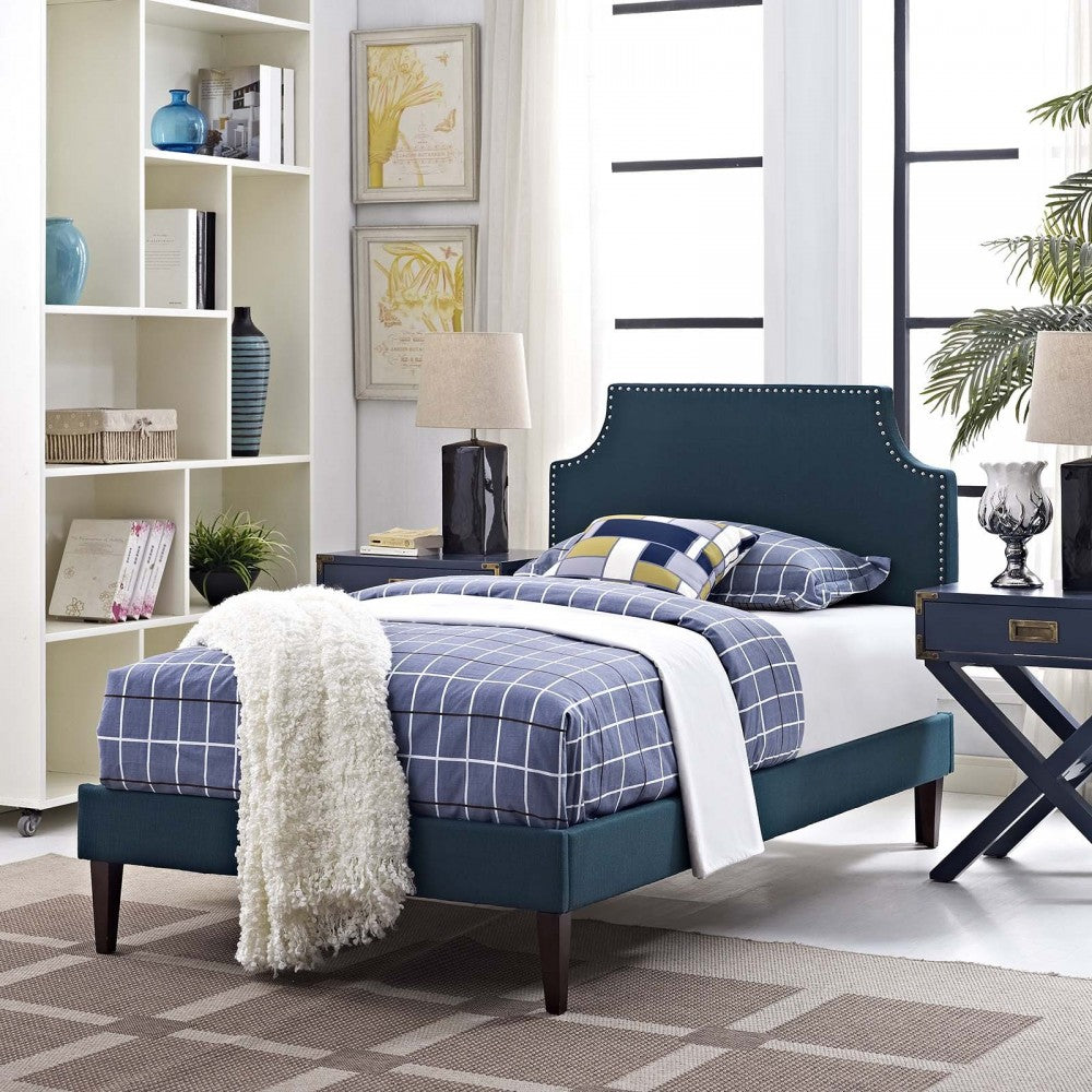Corene Twin Fabric Platform Bed with Squared Tapered Legs, Azure