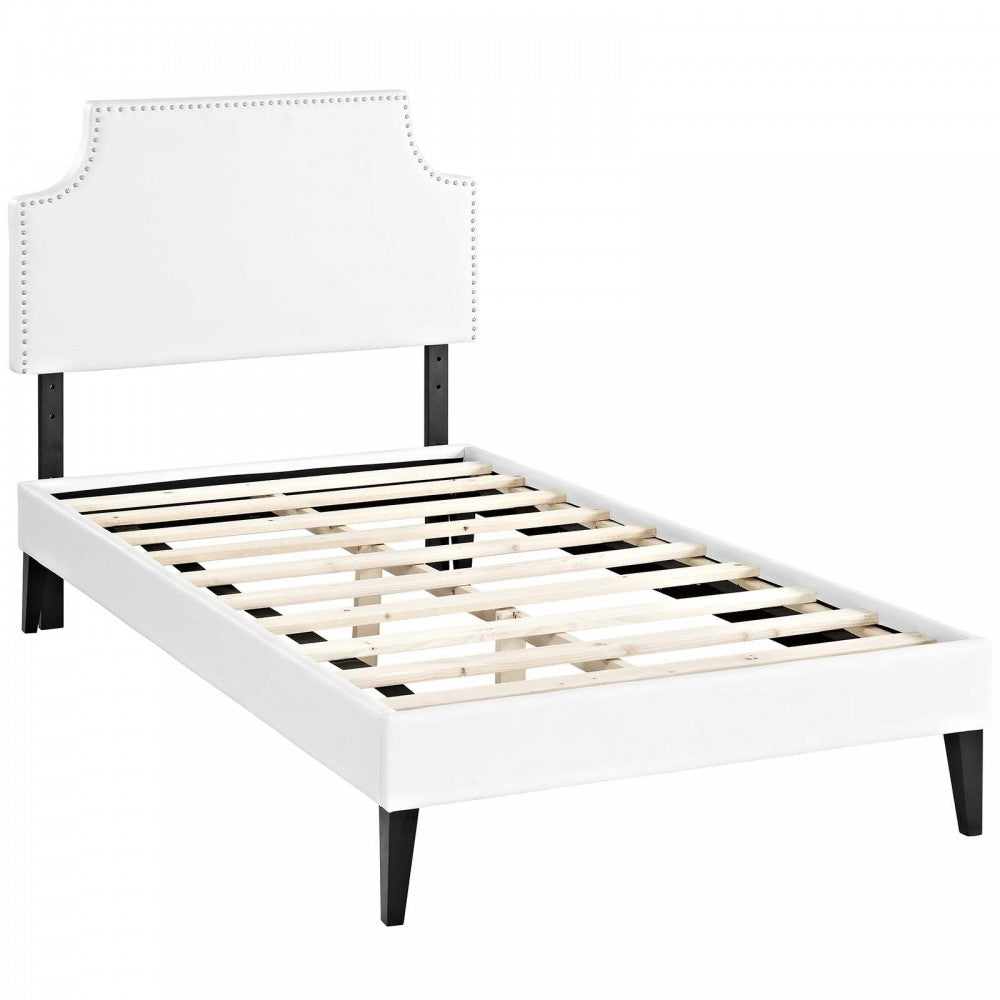 Corene Twin Vinyl Platform Bed with Squared Tapered Legs, White