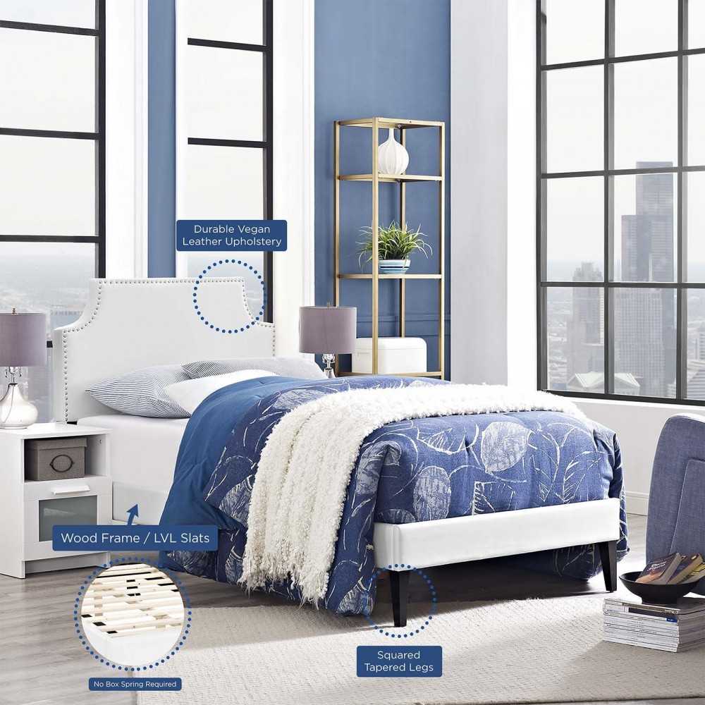 Corene Twin Vinyl Platform Bed with Squared Tapered Legs, White