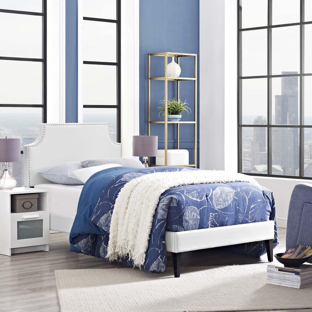 Corene Twin Vinyl Platform Bed with Squared Tapered Legs, White