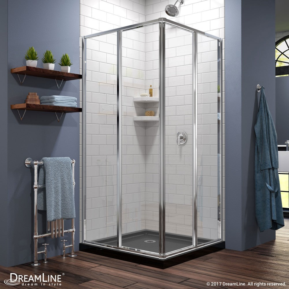 Cornerview 42 in. D x 42 in. W x 74 3/4 in. H Framed Sliding Shower Enclosure in Chrome with Black Acrylic Base Kit