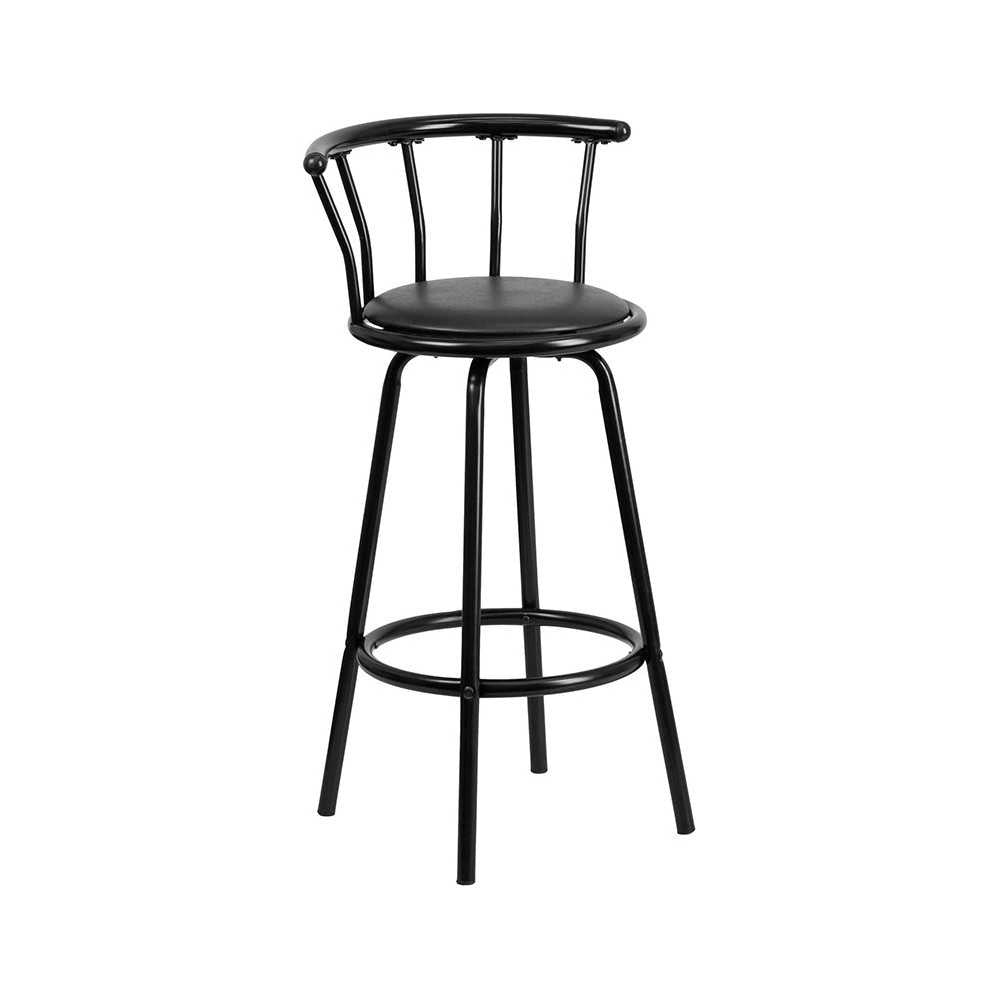 Crown Back Black Metal Barstool with Black Vinyl Swivel Seat