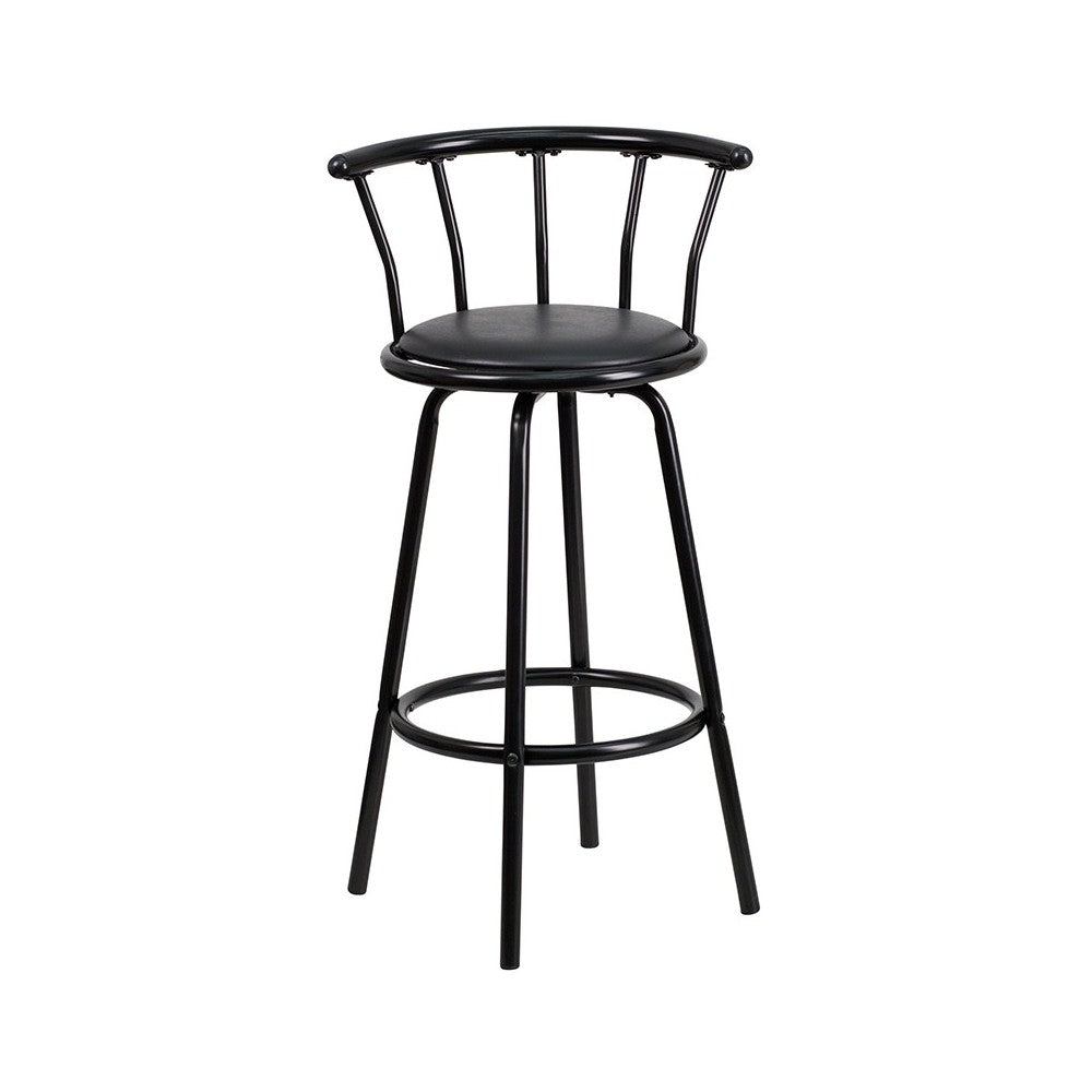 Crown Back Black Metal Barstool with Black Vinyl Swivel Seat