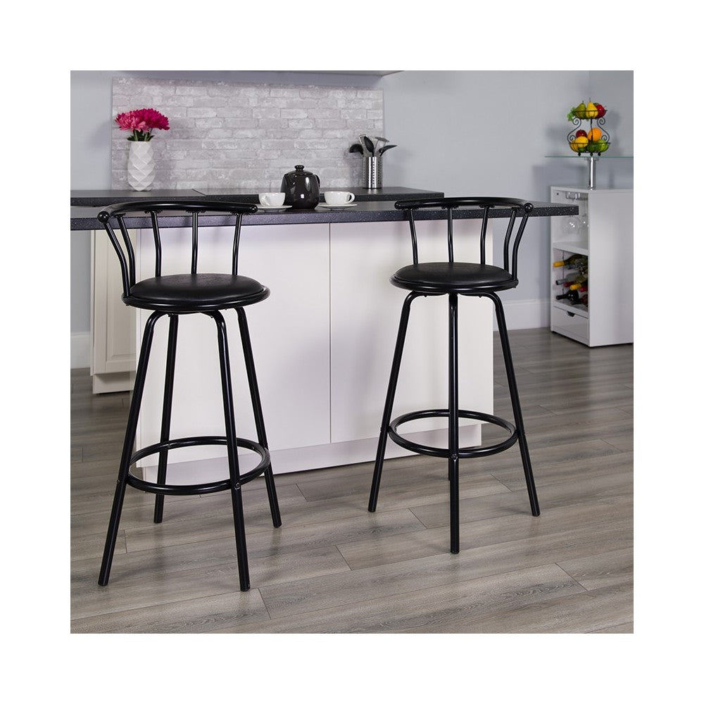 Crown Back Black Metal Barstool with Black Vinyl Swivel Seat