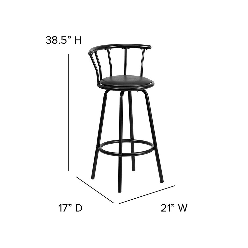 Crown Back Black Metal Barstool with Black Vinyl Swivel Seat