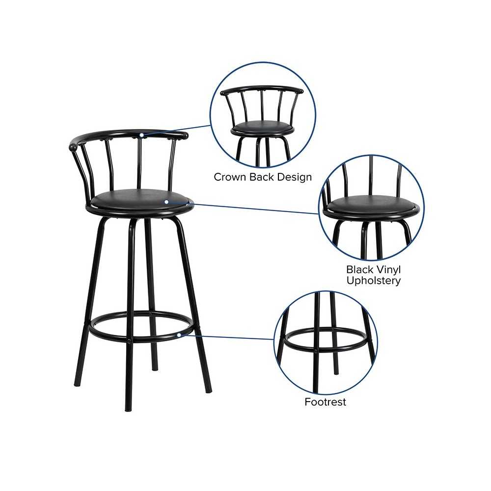 Crown Back Black Metal Barstool with Black Vinyl Swivel Seat