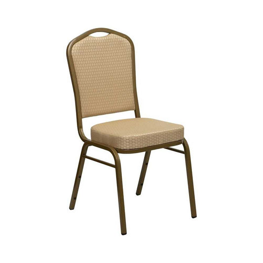 Crown Back Stacking Banquet Chair in Beige Patterned Fabric - Gold Frame