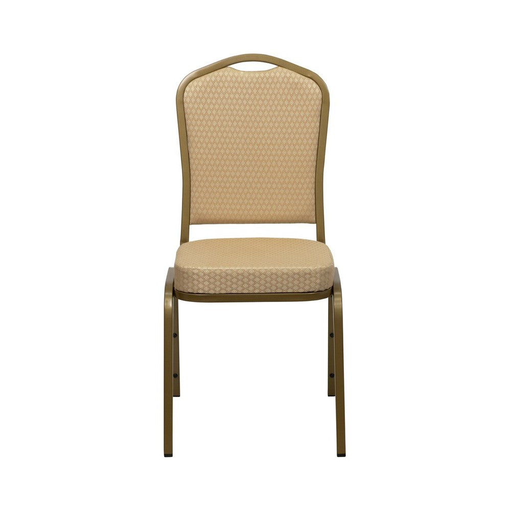 Crown Back Stacking Banquet Chair in Beige Patterned Fabric - Gold Frame